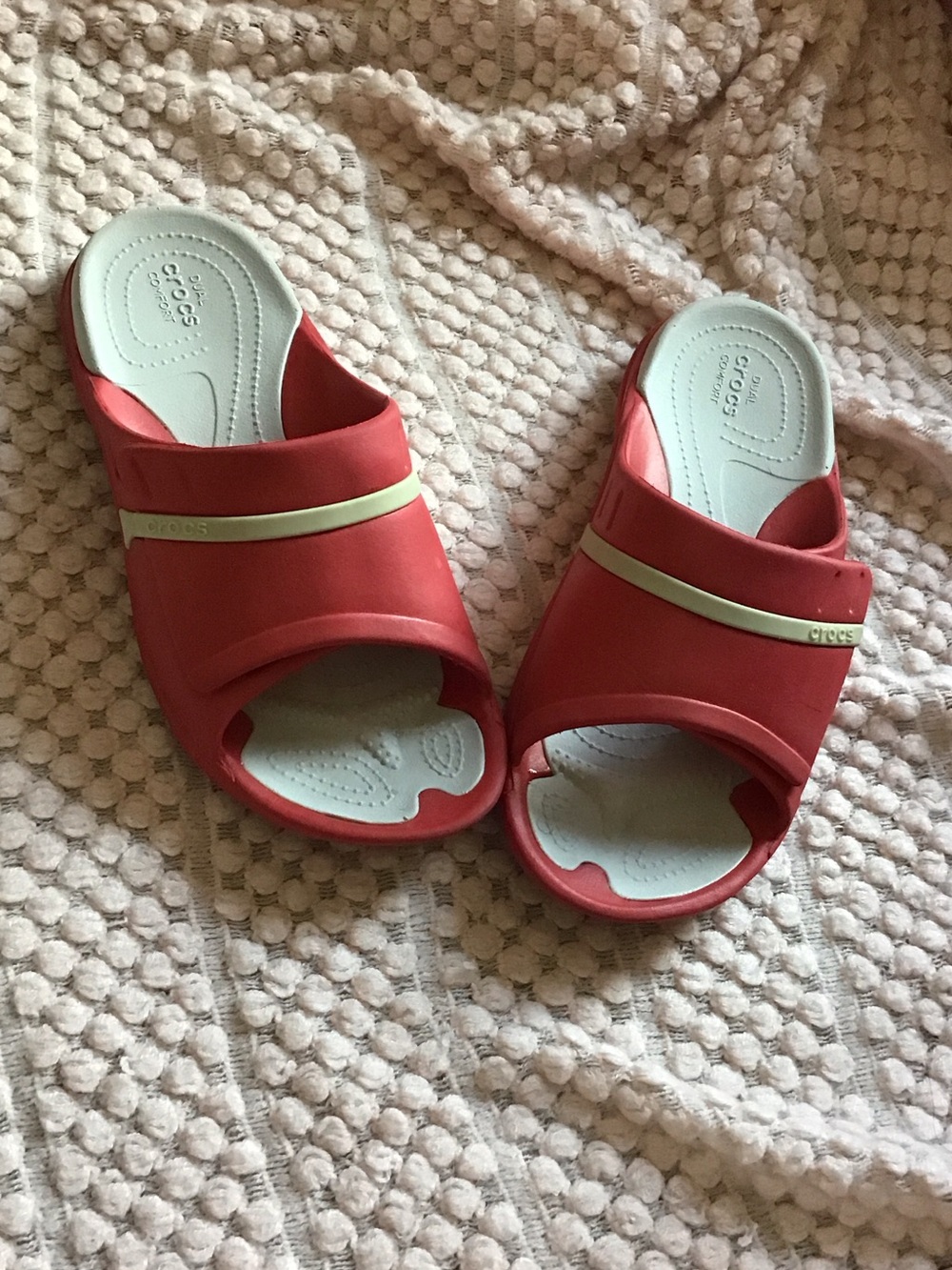 CROCS Women’s red and Light Gray Modi sport Slide Sandals (unisex)